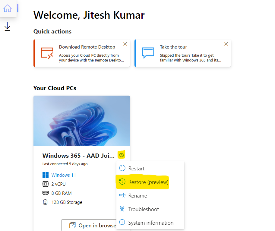 Click on Restore, End Users Experience - Restore Windows 365 Cloud PC