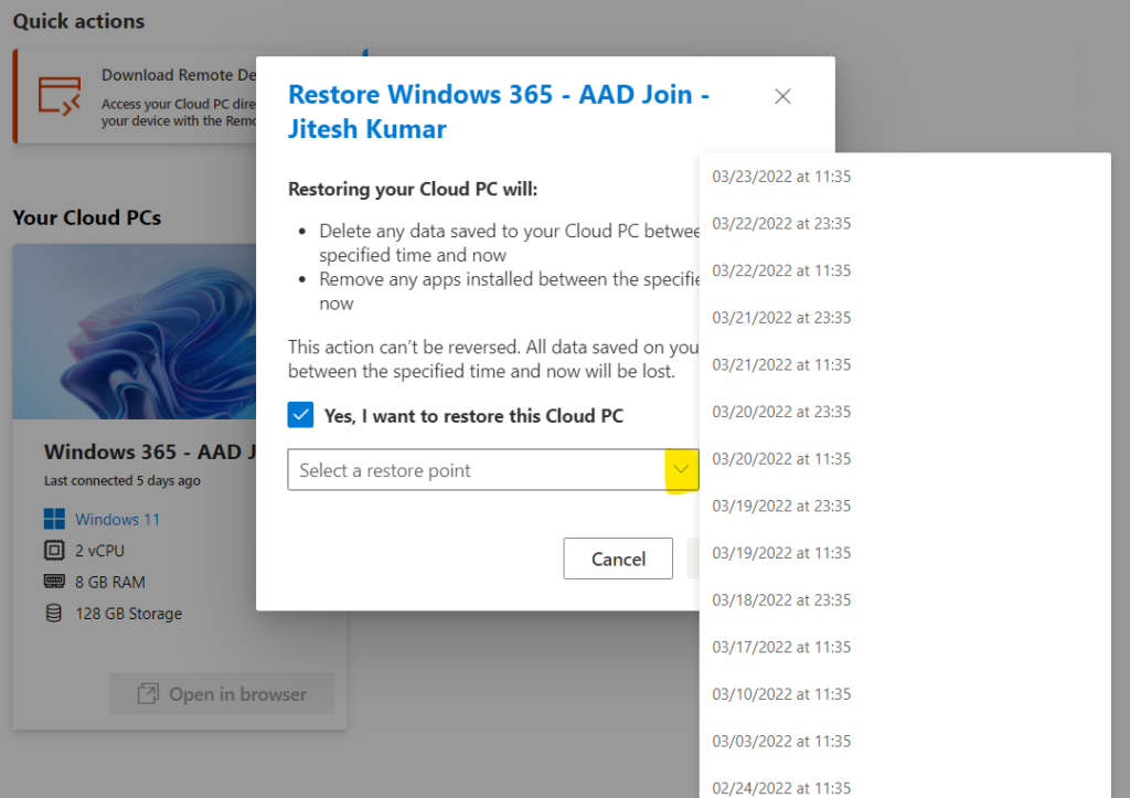 Select Restore Point, End Users Experience - Restore Windows 365 Cloud PC