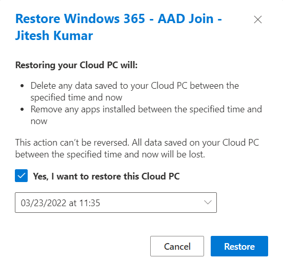 Click Restore, End Users Experience - Restore Windows 365 Cloud PC