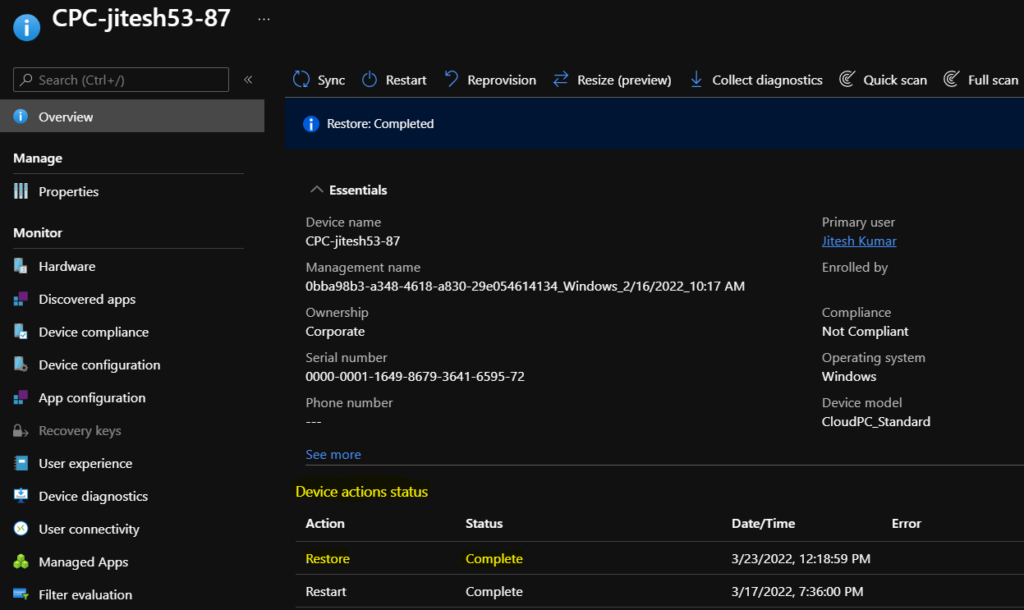 Restore Completed - Windows 365 Cloud PCs Action Status
