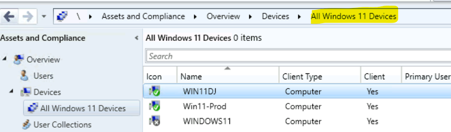 Results SCCM Collection for All Windows 11 Devices 