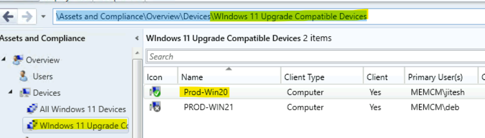 Results - SCCM Collection for Windows 11 Upgrade Compatible Devices