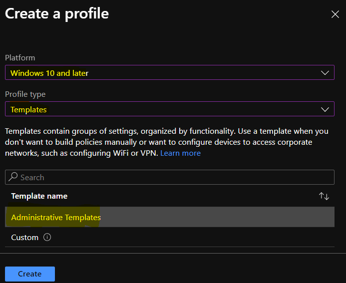 Select Platform, Profile Type - Manage Google Chrome Settings Administrative Template