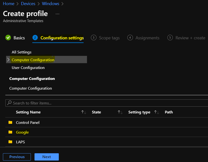 Select Configuration - Manage Google Chrome Settings Using Intune Administrative Template