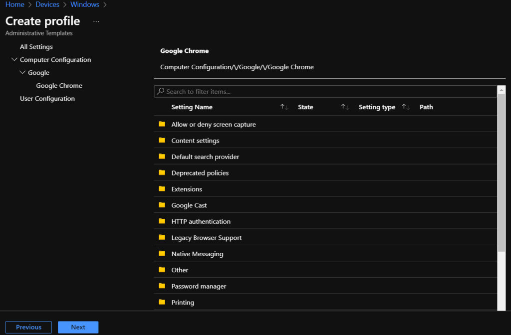 Available Settings for Google Chrome - Manage Google Chrome Using Intune Administrative Template