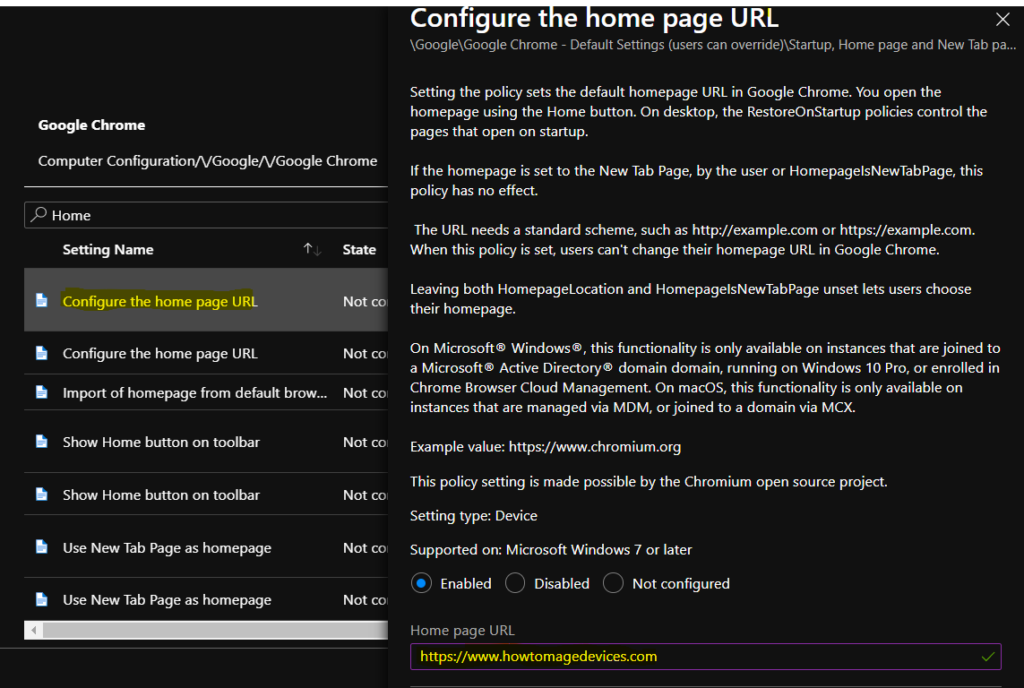 Configure Home Page URL - Manage Google Chrome Settings Using Intune Administrative Template