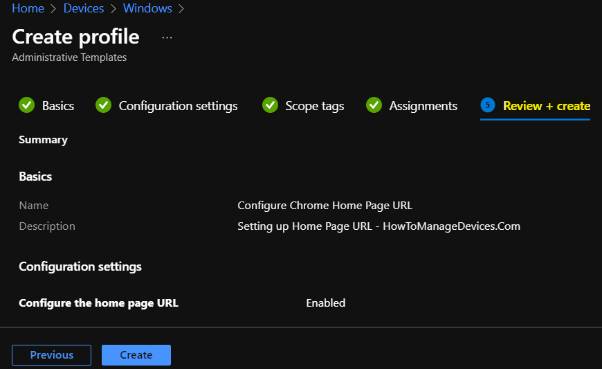 Review Settings - Configure Chrome Home Page URL