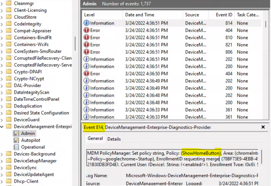 Chrome ShowHome Button - Event Logs Chrome Administrative Policy