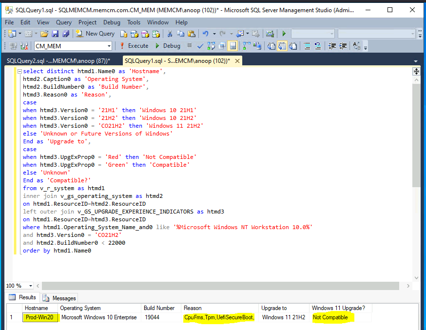 SCCM Windows 11 Upgrade Readiness Report using SQL Query