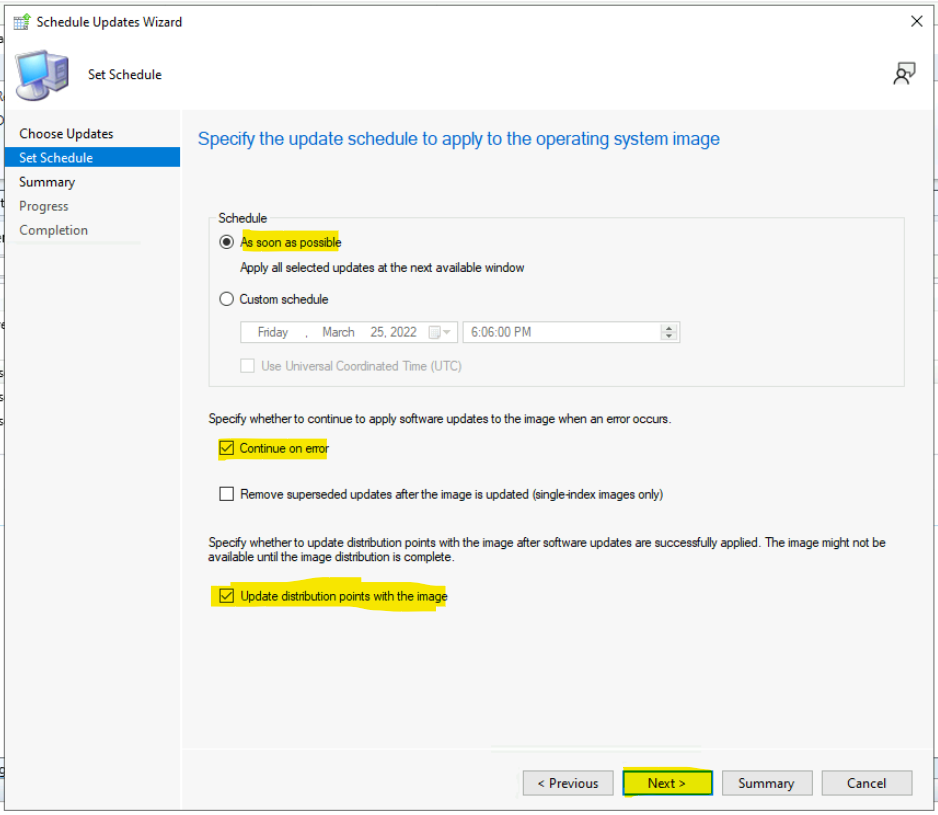 Custom Schedule for Offline Servicing of Operating System Image