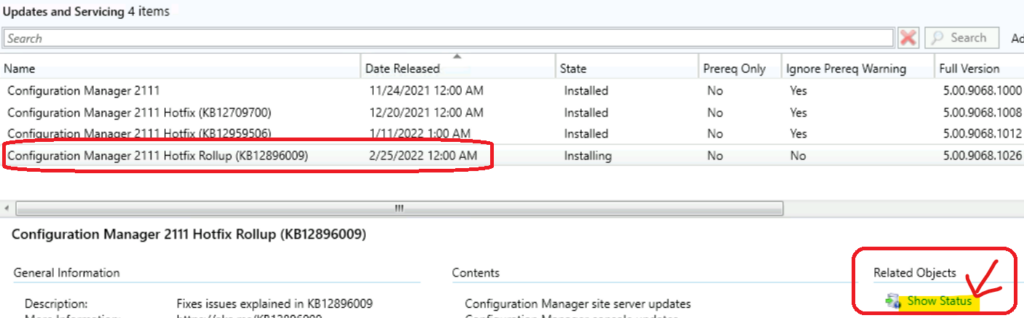 Check the status of the installation of Hotfix KB12896009 Update Rollup
