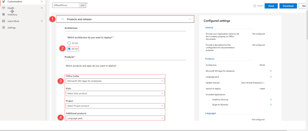 Create Office 365 ProPlus XML file using Customization Tool for Intune Deployment