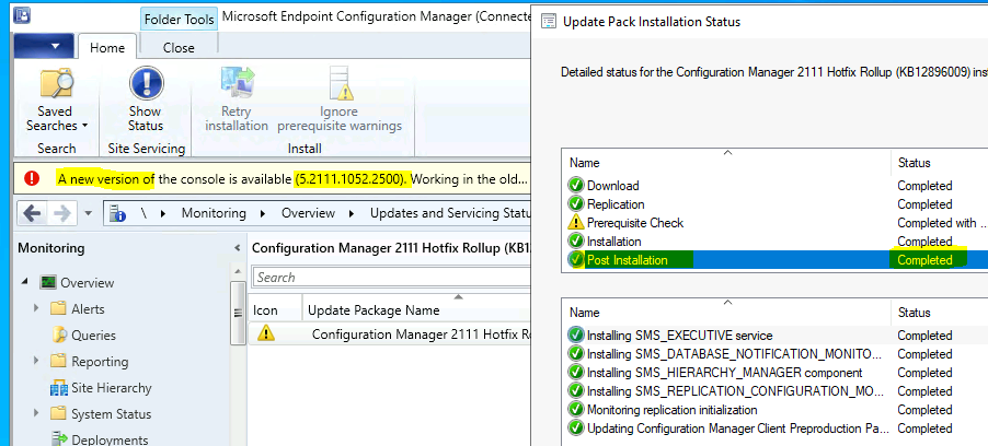 Check the status of the installation of Hotfix KB12896009 Update Rollup