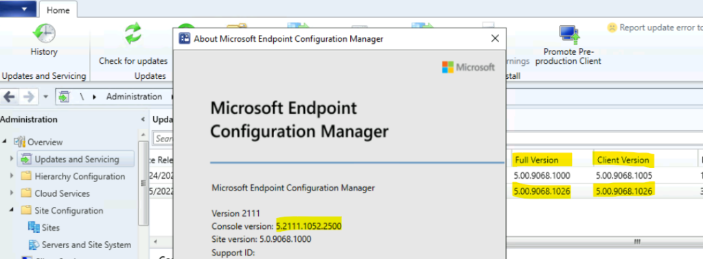 Client and Console Version Details after SCCM 2111 Hotfix KB12896009 Update Rollup