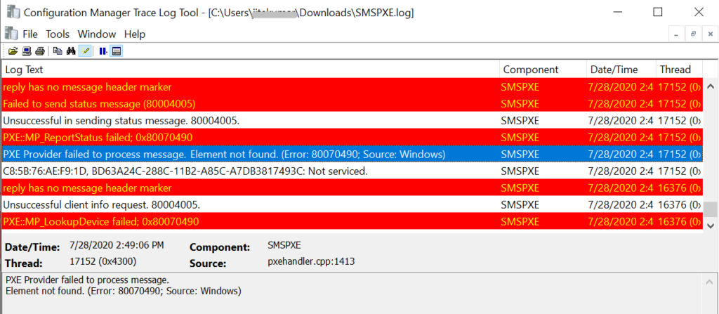 SMSPXE log - SCCM PXE Error 0x80070490