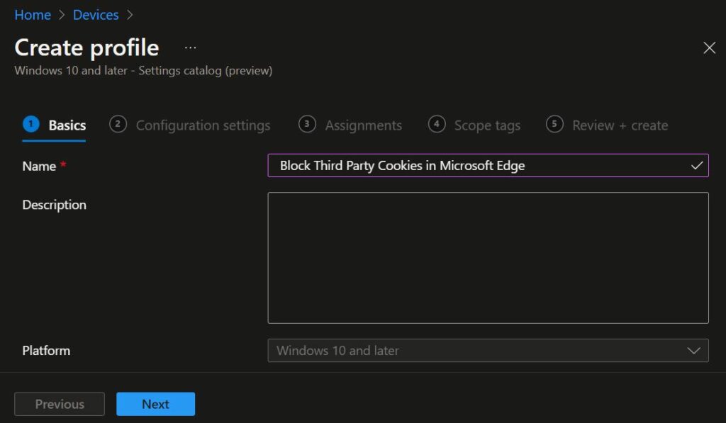 Create Profile – Block third party cookies in Microsoft Edge