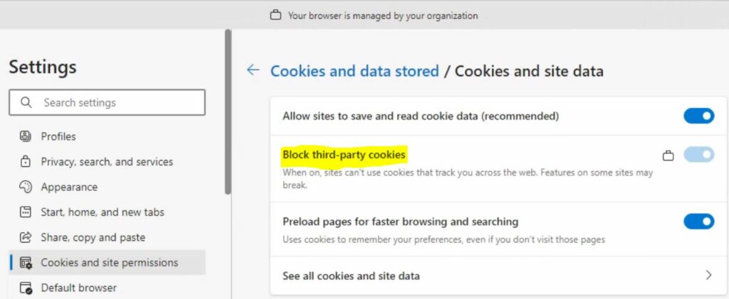 End User Experience - Block Cookies in Microsoft Edge