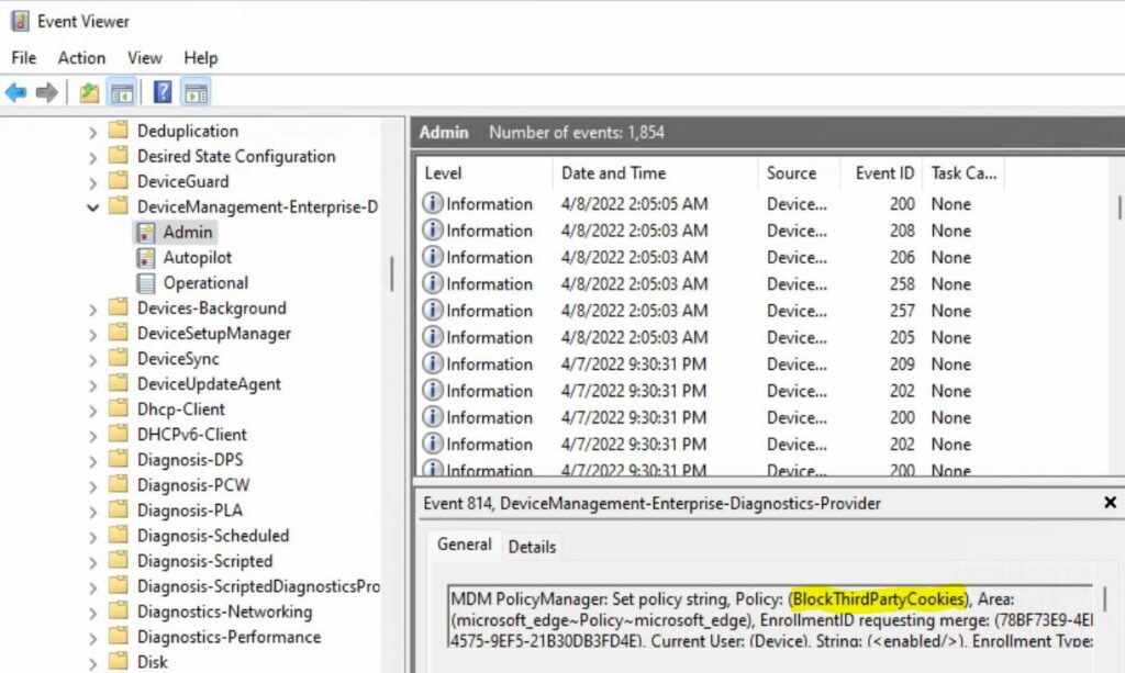 Intune MDM Event Log 814 - Block ThirdParty Cookies in Microsoft Edge