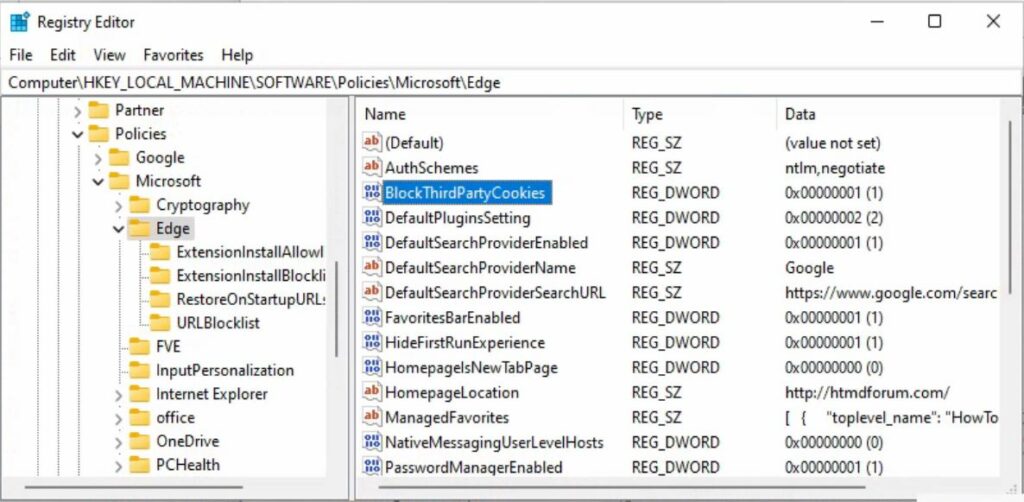 Registry - Block ThirdParty Cookies in Microsoft Edge