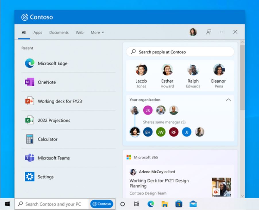 Disable Enable Search Highlights in Windows 11 3 Search on the taskbar showing an experience for an organization, Contoso (Windows 10) Credit Microsoft
