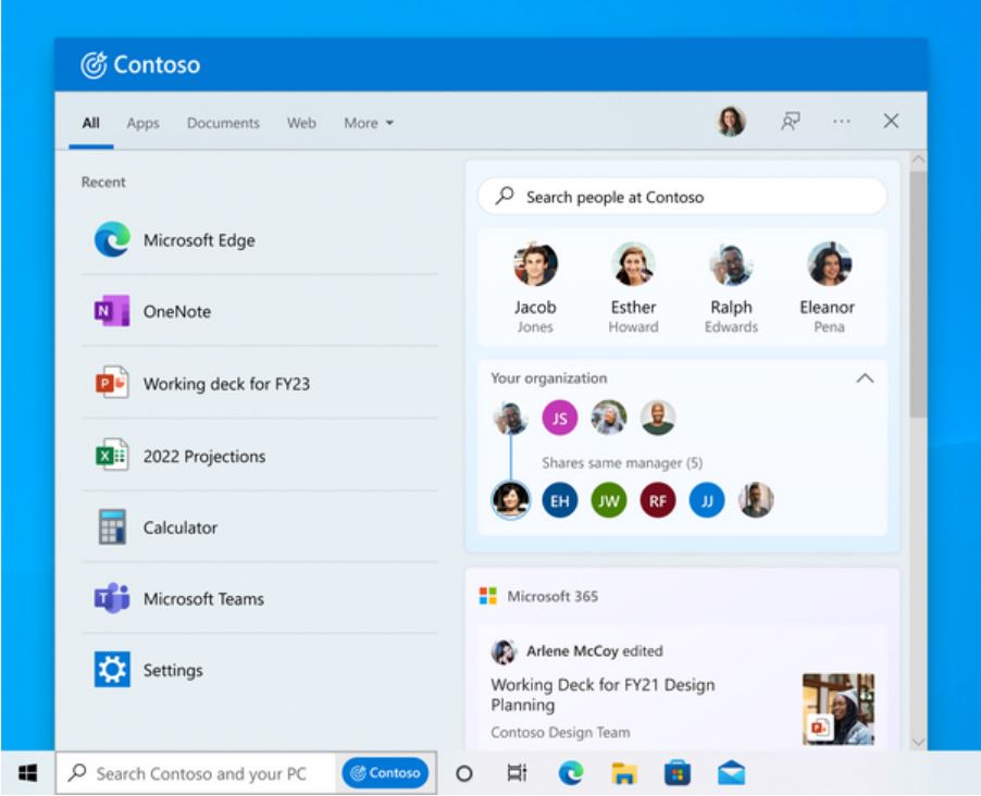 Search on the taskbar showing an experience for an organization, Contoso (Windows 10) Credit Microsoft