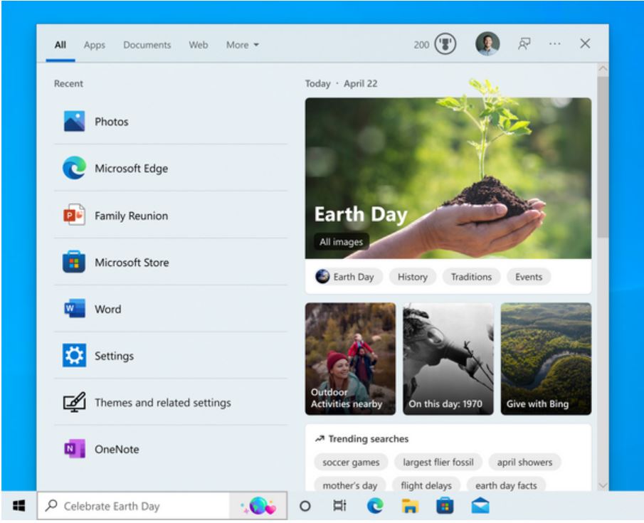 Disable Enable Search Highlights in Windows 11 4 Search on the taskbar showing an experience for Earth Day (Windows 10) - Credit Microsoft