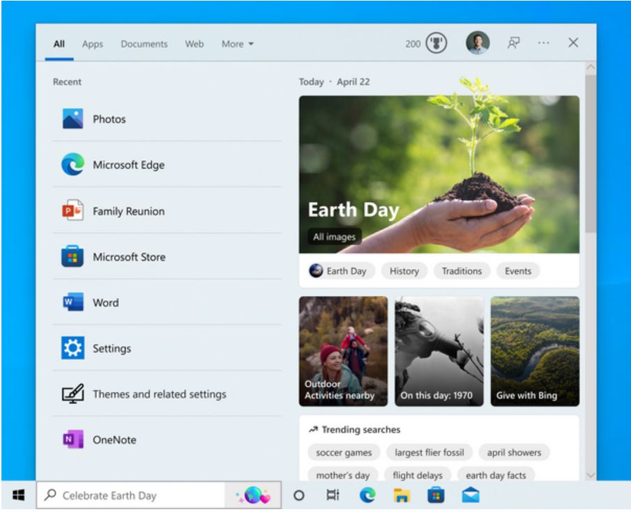 Search on the taskbar showing an experience for Earth Day (Windows 10) - Credit Microsoft
