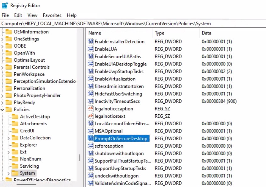 Registry - Disable UAC Secure Desktop Mode