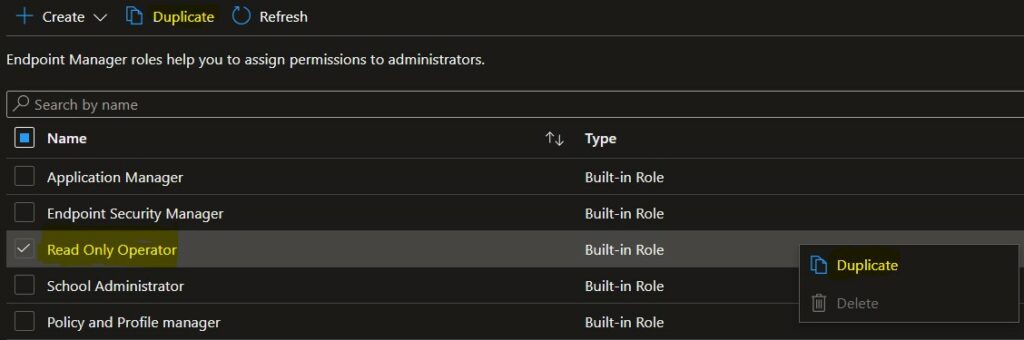 Select Role - Duplicate Intune RBAC Roles