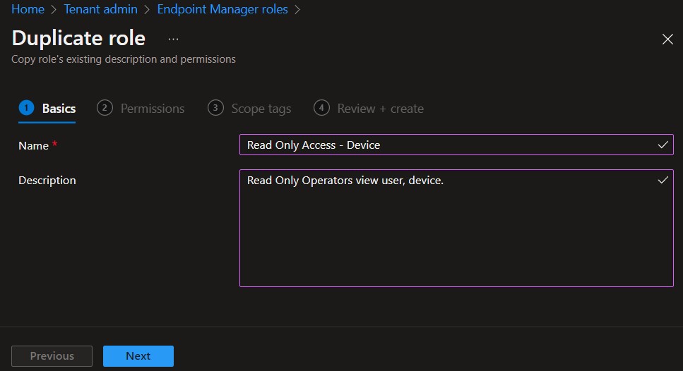 Specify Name, Descriptions for the role - Duplicate Intune RBAC Roles