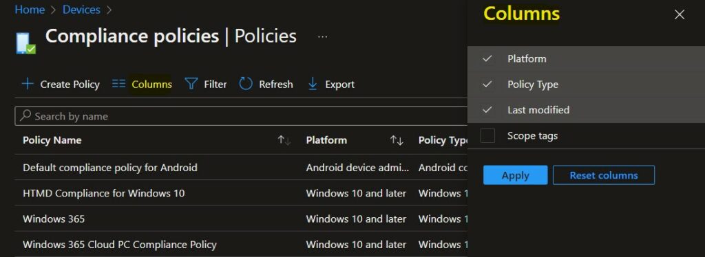 Modify Columns - Export Intune Device Compliance Policies