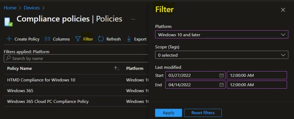 Select Filter - Export Intune Device Compliance Policies