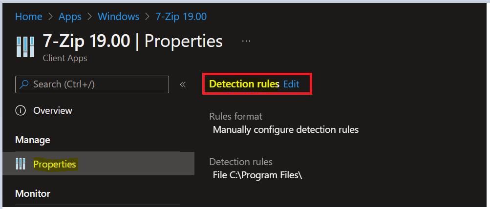 Click on Detection rules - Intune Win32 App Deployment Detection Methods