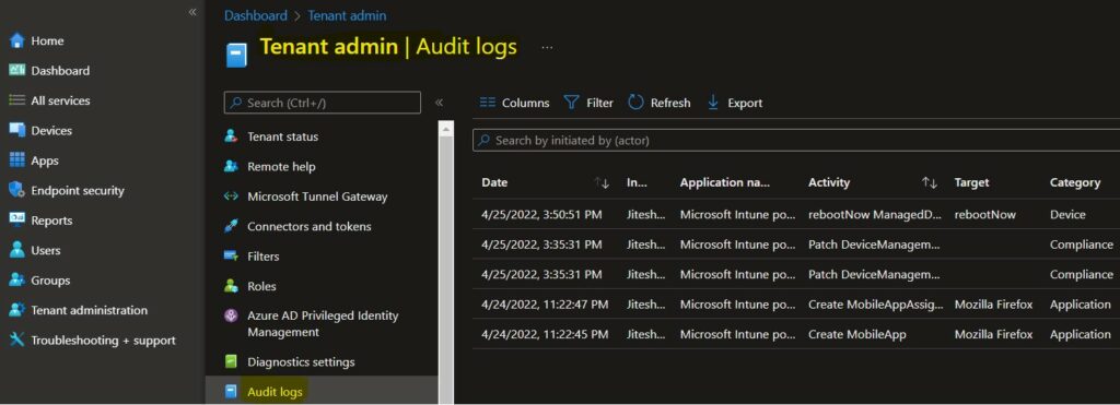 Tenant Admin - Intune Audit Logs Track Who Restarted Device from MEM Portal