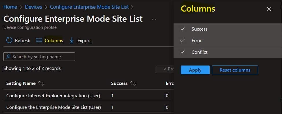 Modify Columns – Intune Policy Per Setting Status Report