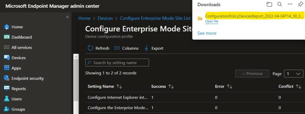 Report Downloaded - Export Configuration Policy Devices Report