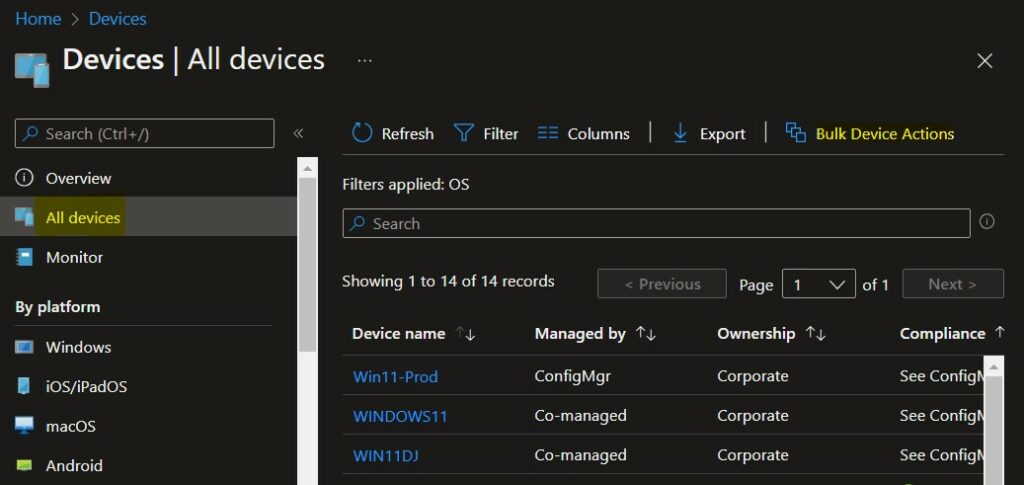 Select Bulk Device Actions - Bulk Device Actions in Intune