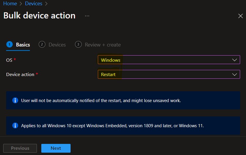 Select OS, Device action - Bulk Device Actions in Intune