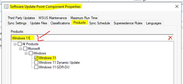 New SCCM SUP Product Filter Option SCCM 2203