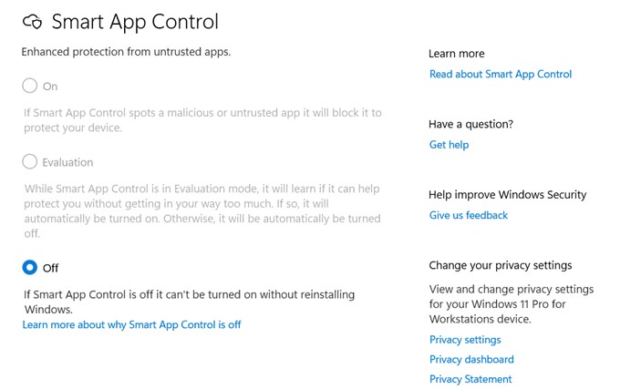 Turn on or off Smart App Control - Protect Device with Windows 11 Smart App Control