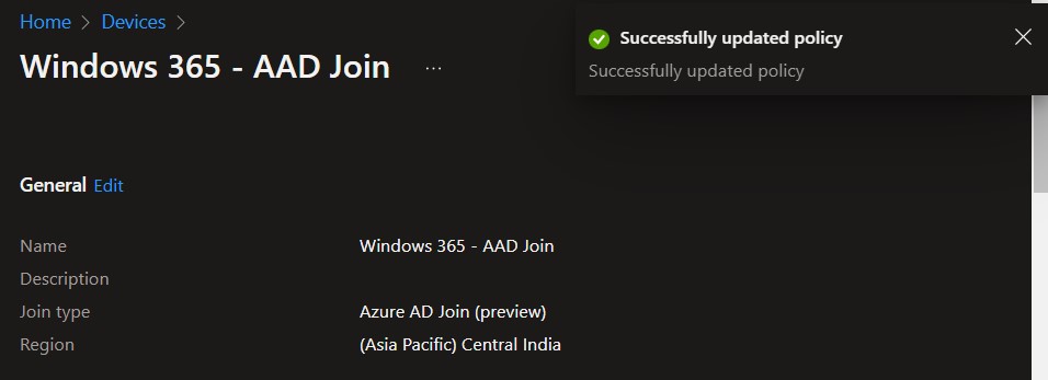 Successfully updated policy - Set Default Display Language for Windows 365 Using Provisioning Policy
