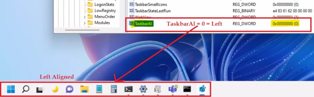 Registry Options to Change Windows 11 Taskbar Alignment