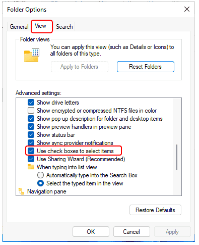 Windows 11 – Folder Options > View Turn On or Off File Explorer Check Boxes to Select Files Folders in Windows 11