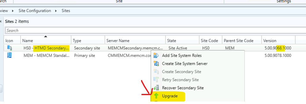 SCCM Secondary Server Upgrade to 2203