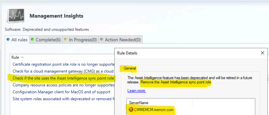 Management Insights to Find Deprecated Features of SCCM SCCM Asset Intelligence Deprecation and Remove Asset Intelligence Sync Point Role 2