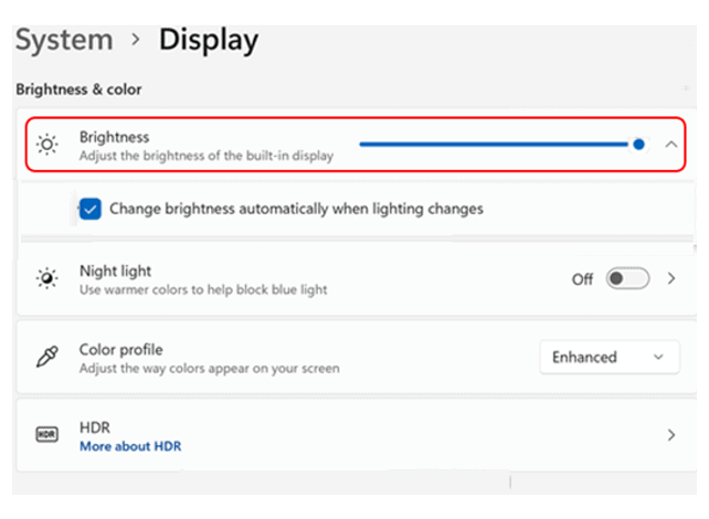 Adjust the Brightness – Windows 11