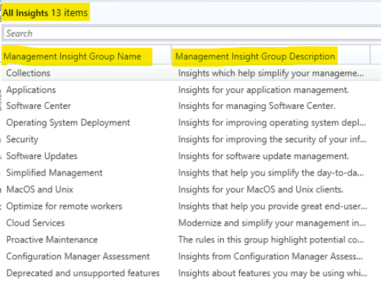 What are the Features of Management Insights in SCCM?