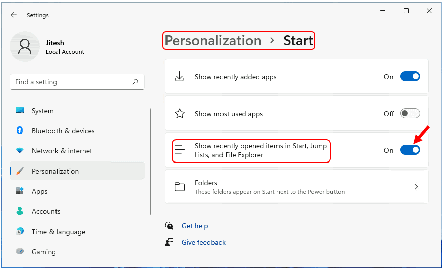 Hide Recently Opened Files Folders from Start File Explorer in Windows 11