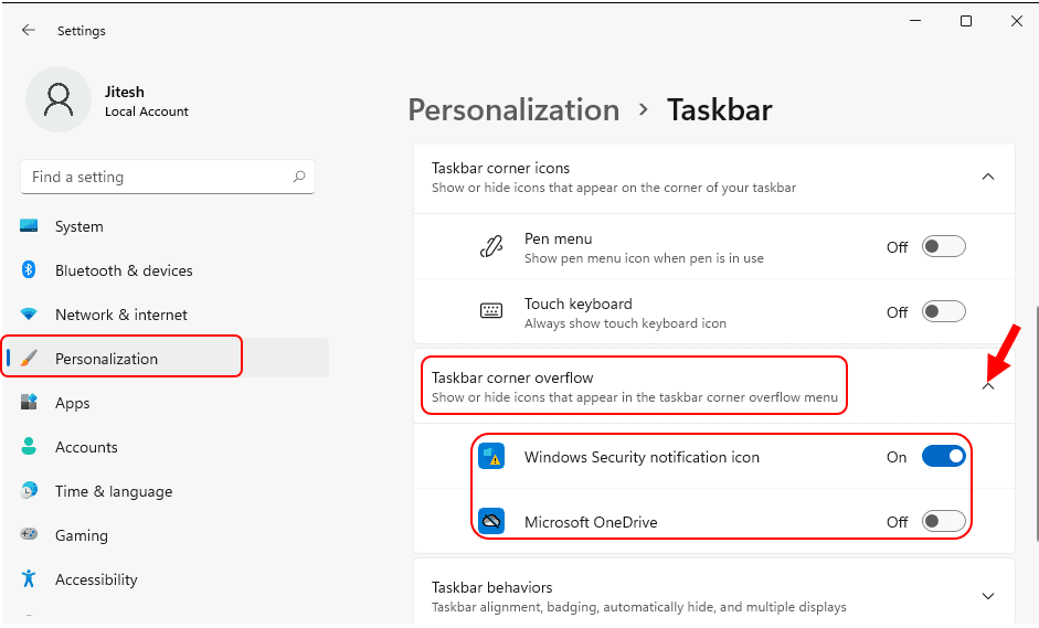 Hide or Show Icons in Windows 11 Taskbar Corner Overflow Menu from Settings 1