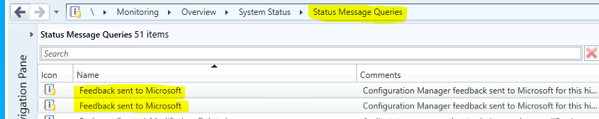 Feedback sent to Microsoft Status Message Queries